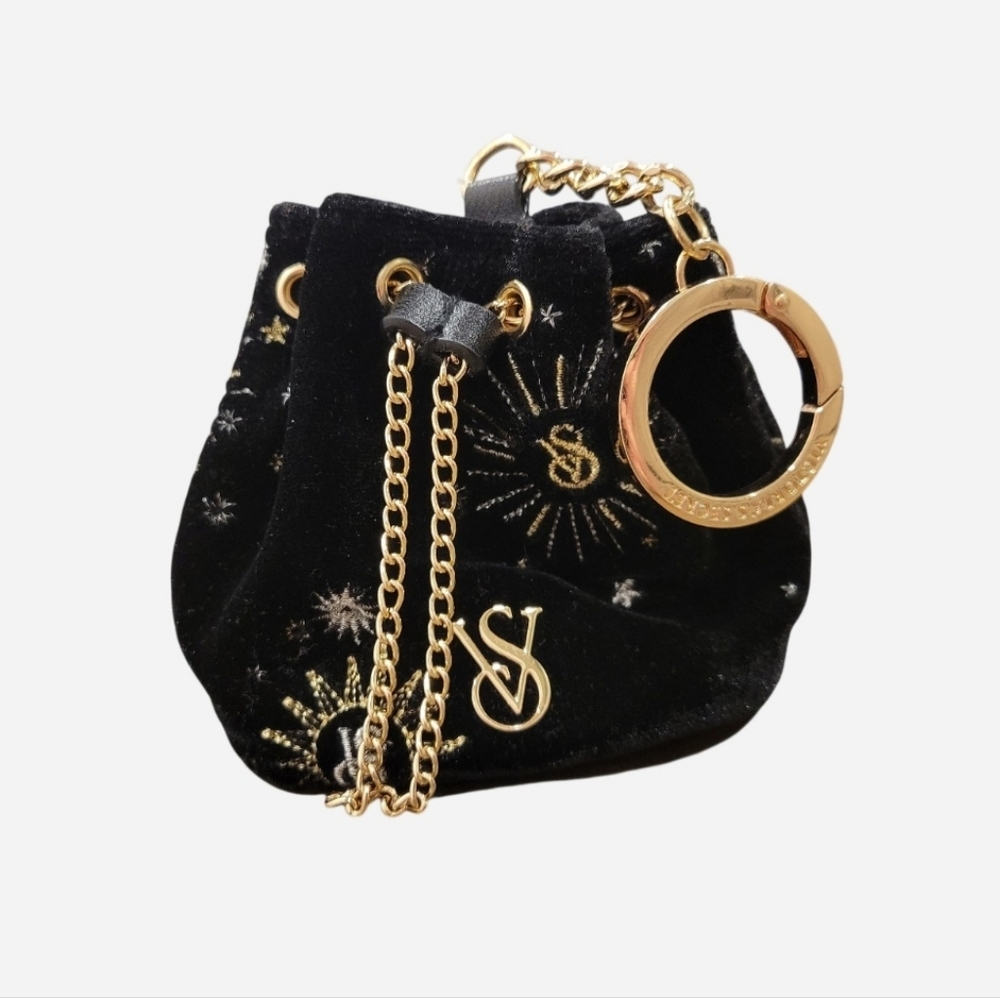 Victoria's Secret Black Velvet Celestial Mini Coin Pouch Bag Keychain Stars